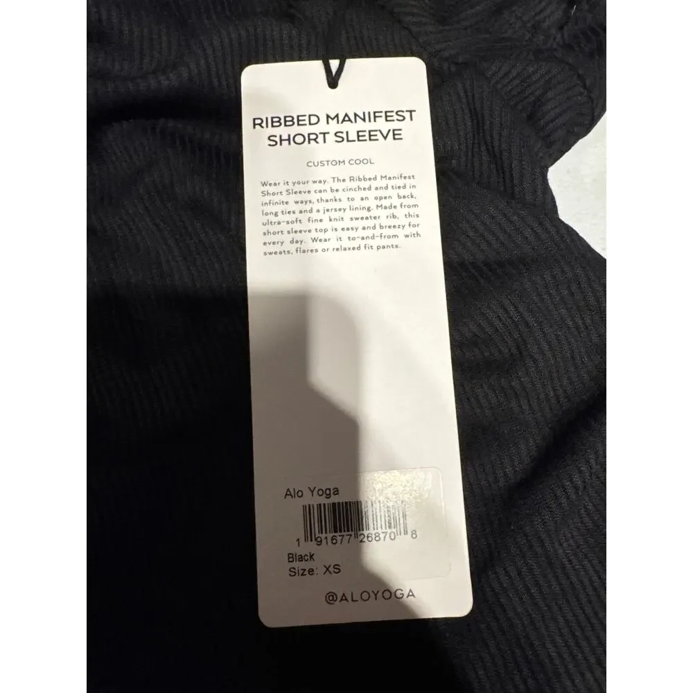 NWT Alo Yoga Ribbed Manifest Short Sleeve Top Black Backless Gym Active Size XS